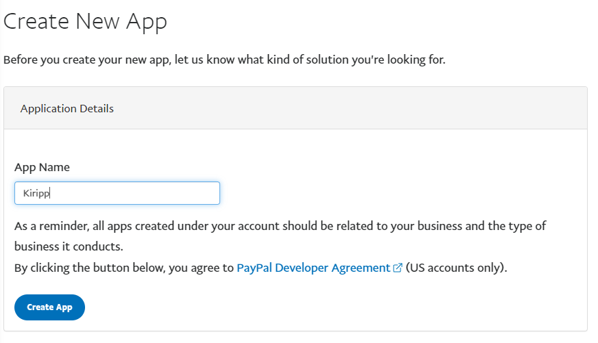 PayPal create app